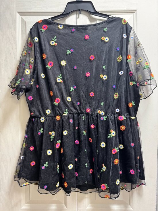 Floral Mesh Embroidery Babydoll Blouse - Picture 2 of 3